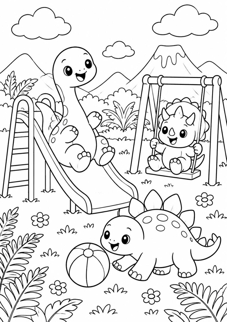 May include: A black and white coloring page illustration featuring three cartoon dinosaurs playing in a park. One dinosaur sits on a slide, another on a swing, and a third plays with a ball on the grass. Mountains and clouds are in the background.