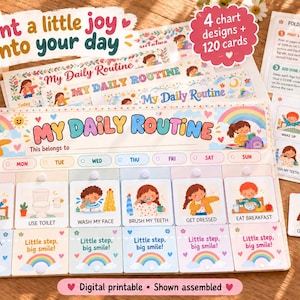 Può includere: Un grafico My Daily Routine con illustrazioni colorate di bambini che svolgono attività. Il tabellone presenta sette colonne per i giorni della settimana, ciascuna con un'aletta etichettata Little step, big smile! e una scheda attività.