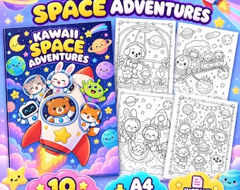 May include: A Kawaii Space Adventures coloring book featuring a rocket ship with a bear, cat, rabbit, fox, and alien in space. The cover shows planets and stars. Four black and white coloring pages are displayed, showing characters in space suits.