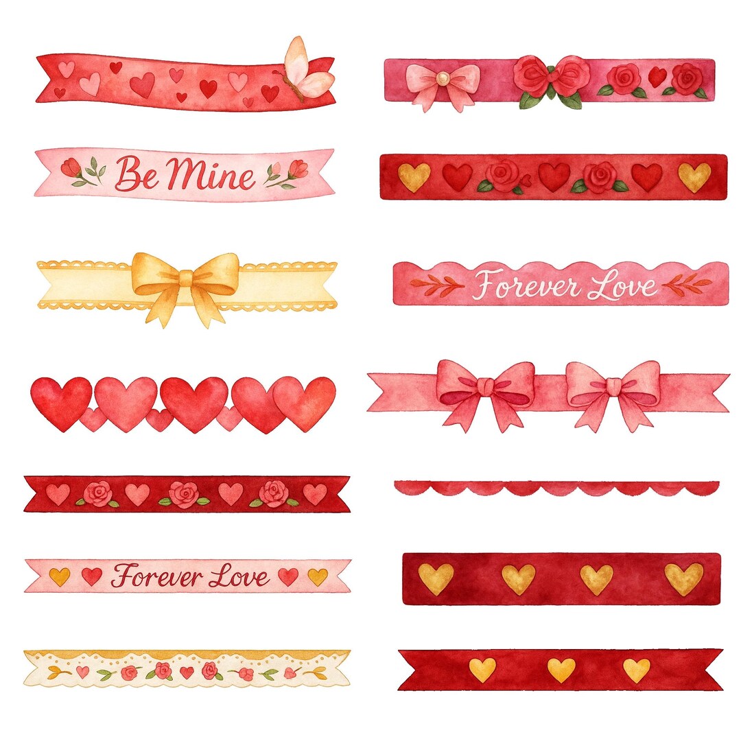 Romantic Ribbons – 14+14 Digital Watercolor Banners With White Border ...