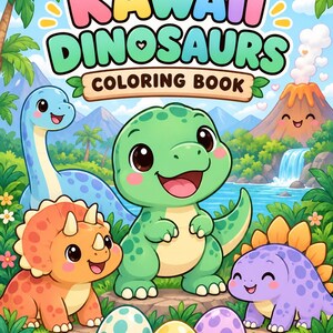 May include: A coloring book cover titled Kawaii Dinosaurs featuring a green central dinosaur, an orange triceratops, a blue long-necked dinosaur, and a purple stegosaurus. Three patterned eggs sit in the foreground with a volcano and rainbow background.