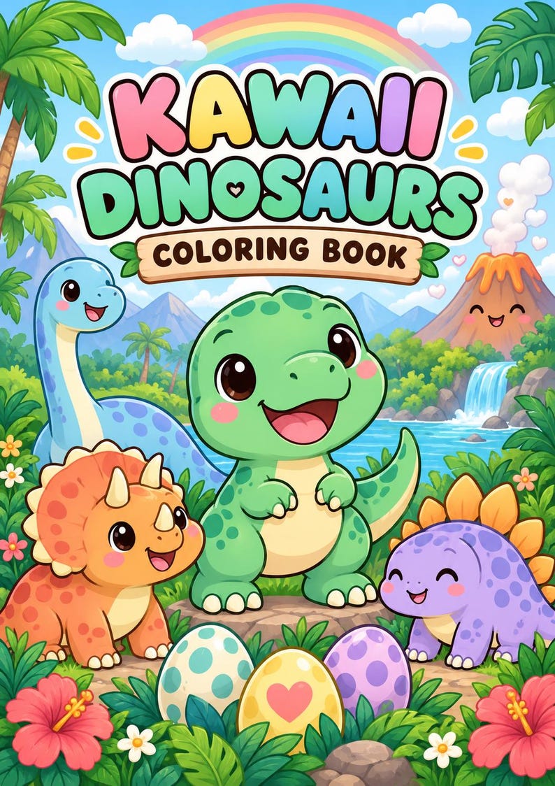 May include: A coloring book cover titled Kawaii Dinosaurs featuring a green central dinosaur, an orange triceratops, a blue long-necked dinosaur, and a purple stegosaurus. Three patterned eggs sit in the foreground with a volcano and rainbow background.