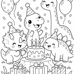 May include: A black and white coloring page illustration featuring four cartoon dinosaurs wearing party hats at a birthday celebration. A cake with three candles sits on a tree stump, surrounded by three wrapped gift boxes and floating balloons.