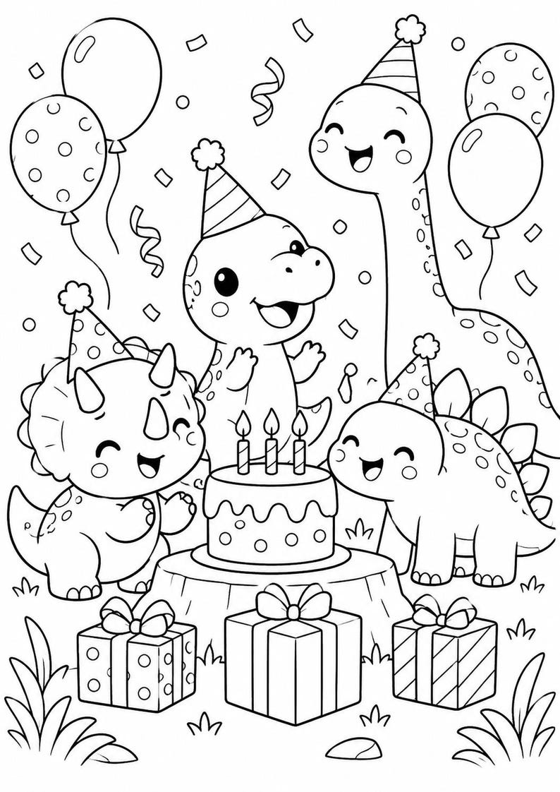 May include: A black and white coloring page illustration featuring four cartoon dinosaurs wearing party hats at a birthday celebration. A cake with three candles sits on a tree stump, surrounded by three wrapped gift boxes and floating balloons.