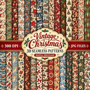 Può includere: Una collezione di 30 motivi digitali senza cuciture con temi natalizi tra cui Babbo Natale, renne, stelle di Natale, omini di pan di zenzero, palle di neve e cardinali. L'etichetta centrale riporta la scritta Vintage Christmas.