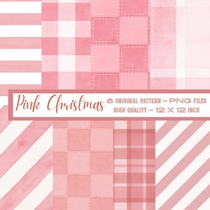Può includere: Un'opera d'arte digitale con otto motivi natalizi rosa. I motivi includono strisce, quadretti e quadrati cuciti. Il testo "Pink Christmas" è visualizzato in un carattere corsivo, insieme ai dettagli sui motivi originali e le dimensioni del file.