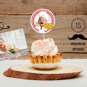 Pizza Party Cupcake Toppers with Photo Pizza Birthday Printable Italian Party Decoration Chef Party Decor Personalized Custom