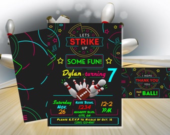EDITABLE Football Bowling Invitation with Thank You Card Fowling Glow Party Instant Download Pizza Bowling Digital File Printable