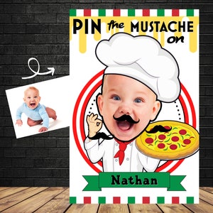 Pin the Mustache Game Custom Party Game with Photo Pizza Party Game Pizza Chef Birthday Italian Party Game Pin the Tail Game