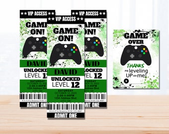 EDITABLE Gamer Party Ticket Invitation Gaming Birthday Video Game Party Printable Game On New Level Instant Download BONUS Thank You Card
