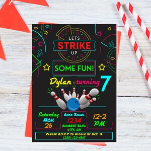EDITIERBARE Bowling Einladung mit Dankeskarte Bowling Geburtstag Party Glow Party Instant Download Bowling Vorlage Pizza Party Printable