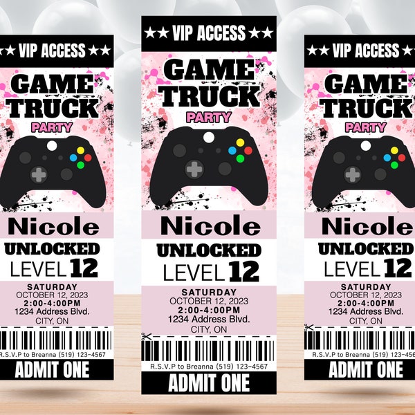EDITABLE Video Game Truck Ticket Invitation Gamer Girl Birthday Invite Pink Gaming Party Instant Download Printable