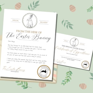 Paquete de cartas oficiales del conejito de Pascua editables Desde el escritorio del conejito de Pascua Certificado de premio de Pascua para niños imprimible y descarga instantánea