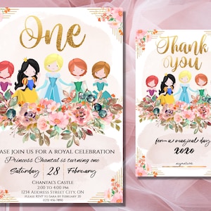 EDITABLE Princess Birthday Invitation with Thank You Card Floral Fairytale Party Royal Gold Invite Royal Princess Party First Birthday