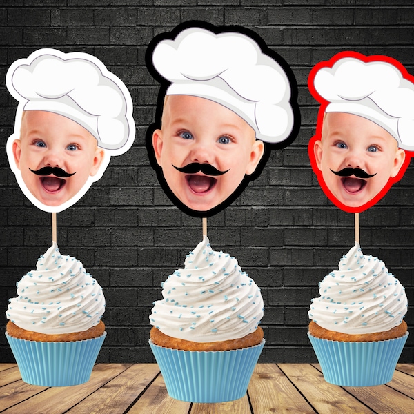 PRINTABLE Custom Face Pizza Chef Birthday Cupcake Toppers First Birthday Mustache Party Decor Pizza Theme Chef Hat Photo Digital Download