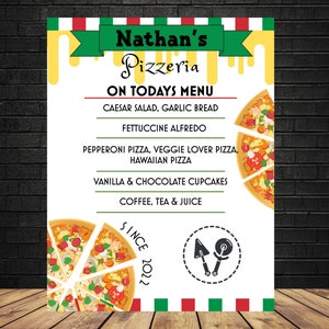 EDITABLE Menú de fiesta de pizza Menú de comida de cumpleaños Cumpleaños italiano Pizza Chef Cumpleaños Imprimible Descarga instantánea
