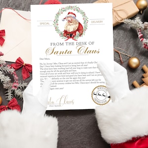 Carta oficial de Papá Noel IMPRIMIBLE del día de Navidad desde el escritorio de Santa Claus Carta y sobre Descarga instantánea editable para niños