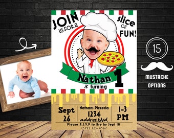 Pizza-Party-Einladung mit Foto, Pizzabäcker-Geburtstag, druckbare Einladung, italienische Einladung zum ersten Geburtstag, individuell personalisieren