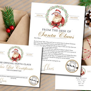 EDITABLE Paquete de cartas oficiales de Papá Noel Carta navideña y sobre Certificado de lista agradable Descarga instantánea imprimible para niños