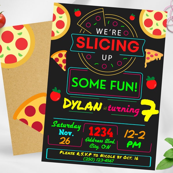 EDITABLE Pizza Party Invitation Pizza Chef Birthday Party  Printable Neon Italian We're Slicing Up Some Fun Instant Download