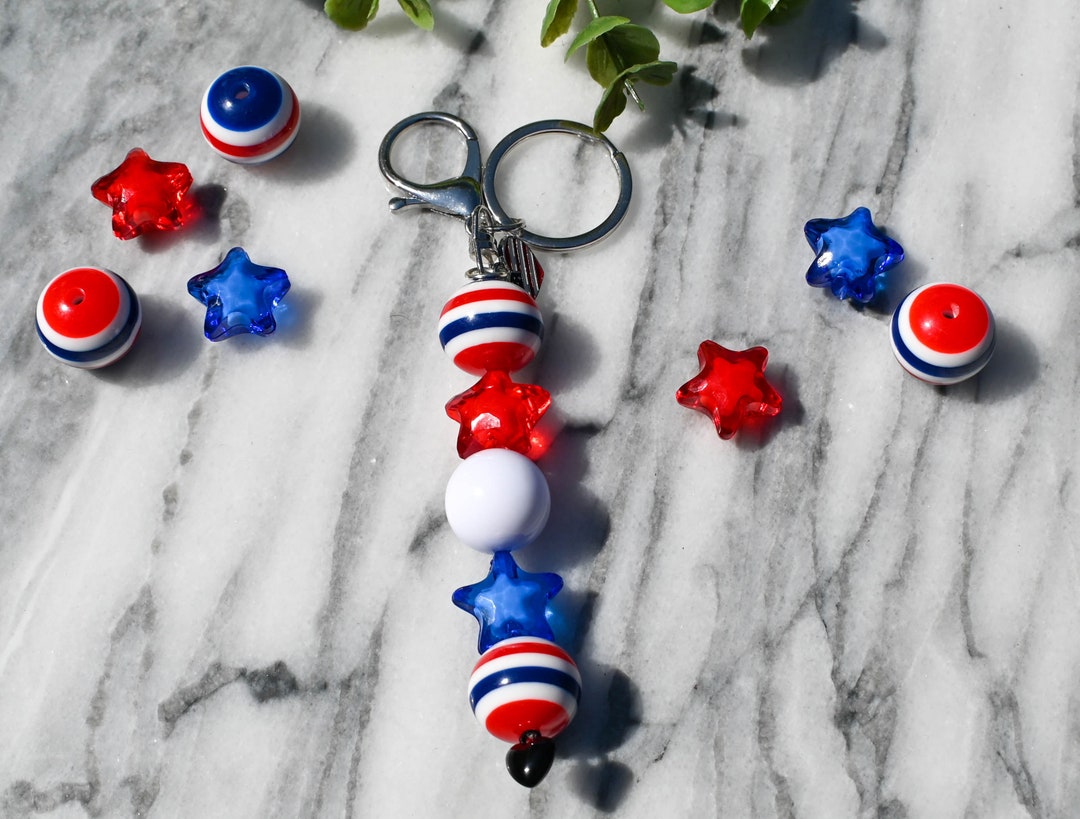 Red Star Keychain Patriotic Star Beaded Keychain, Whimsical Keychain, Red White and Blue ...