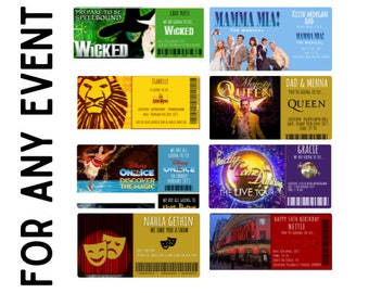 Personalised Customised Keepsake Theatre , Musical, Concert/ Comedy Shows/ Gift Ticket For Birthday, Comedy Shows Any Occasion & Envelope