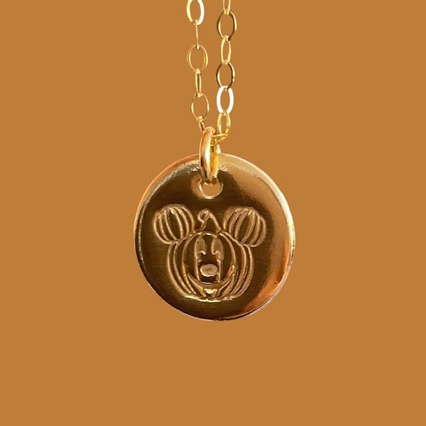 Pumpkin Mouse Stamped Necklace | Halloween Necklace | 14K Gold Filled  | Rose Gold | Sterling Silver | Dainty Necklace