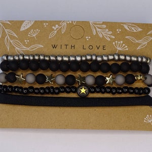 Set of 5 bracelets black/gray/gold acrylic beads, seedbeads, seed beads, elastic, handmade, gift