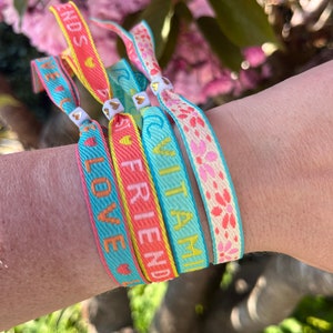 Woven text ribbon bracelets, set of 4. Gift for girlfriend. Vitamin sea, love, best friends, flowers