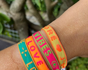 Woven Text Ribbon Bracelets, Set of 4, Love, Good Vibes, J'adore