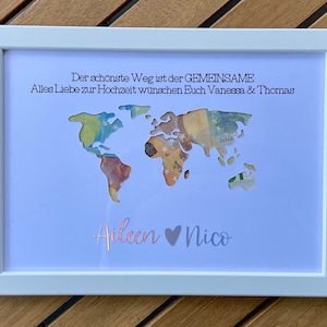 Gift for the wedding, money gift WORLD MAP, personalised, picture frame optional (e.g. white)