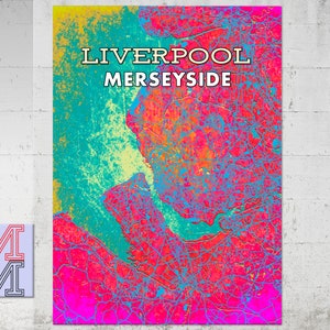 May include: A colorful abstract map of Liverpool, Merseyside. The map is in shades of pink, blue, and yellow, with a grunge effect. The text "Liverpool Merseyside" is in white letters on a yellow background.