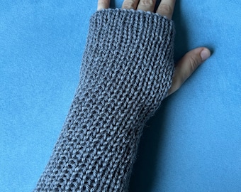 Cozy Gray Knit Fingerless Gloves, Gauntlet-Style Wrist Warmers, Texting Mitts - Handmade with Love