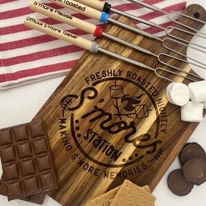 Smores Board, Smores Station, Smore Charcuterie Board, Smore Menu serving station with Marshmellow Roasting Sticks, Acadia Wood Board