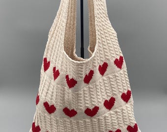 Knitted bag in heart pattern design/Love heart shopping bag/Gift for her/Hand bag/Crochet look/Beach bag/Shopping bag/Summer vacation