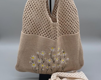 Knitted bag with pattern/beach bag/summer look/daisies/knitted-look tote bag/accessory storage/daisy/souvenir/shopper