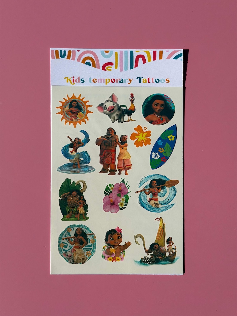 May include: A sheet of temporary tattoos featuring colorful illustrations of characters and elements from a popular animated movie. The sheet includes images of a pig, a rooster, a flower, and characters on a surfboard and boat. The text "Kids temporary tattoos" is at the top.