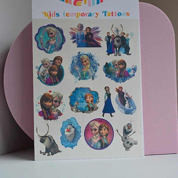 Frozen temporary tattoos, Anna, Elsa, Olaf, Kristoff, Frozen party, 14 tattoos