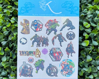 Kids temporary tattoos, Avengers tattoos, Captain America, Thor, Iron Man, Hulk, 17 tattoos