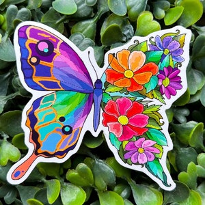 Butterfly and flowers sticker, vinyl sticker, waterproof sticker, watercolor sticker