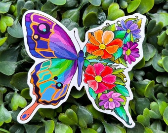 Vlinder en bloemen sticker, vinyl sticker, waterdichte sticker, aquarel sticker
