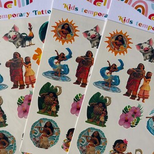 May include: Three sheets of temporary tattoos featuring characters from a popular animated movie. The designs include cartoon images of a pig, a rooster, a woman in a sun, a woman dancing on water, and other characters. The top of the sheets read "Kids temporary".