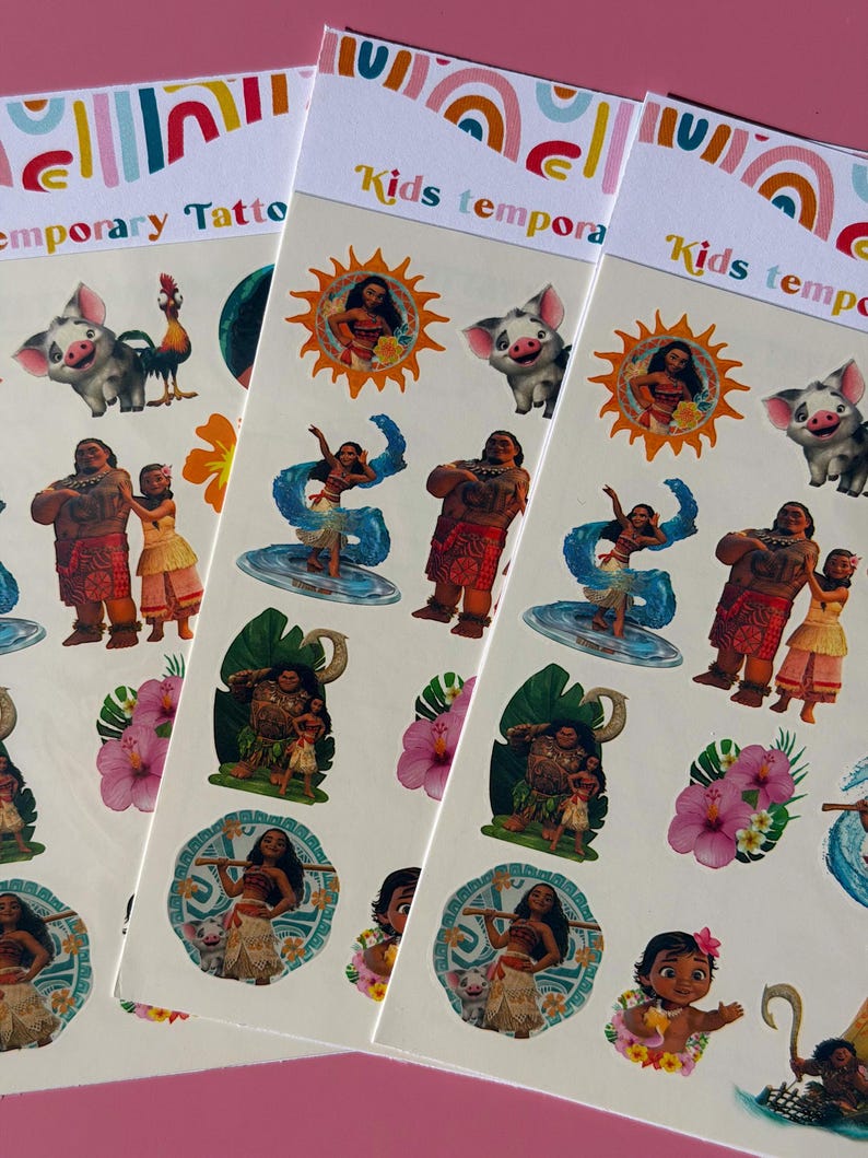 May include: Three sheets of temporary tattoos featuring characters from a popular animated movie. The designs include cartoon images of a pig, a rooster, a woman in a sun, a woman dancing on water, and other characters. The top of the sheets read "Kids temporary".