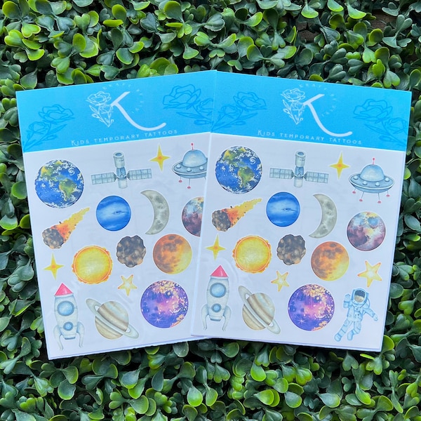 Space kids temporary tattoos, planets tattoos, favors gifts, party supplies