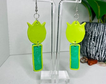 Rose shaped earrings- green rose shaped earrings-polymer Clay earrings- green- dangle and drop earrings- handmade earrings- jewelry