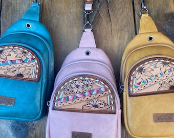 Crossbody Sling bag/purse with hand tooled leather patches