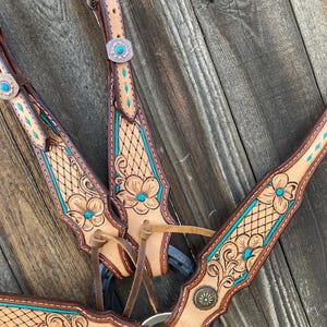 Turquoise buck stitch Tack set includes split ear headstall and breast collar