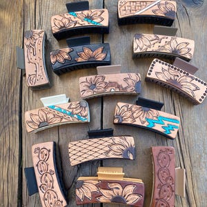 4” Claw style hair clip with hand tooled leather