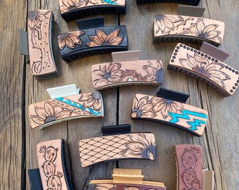 4” Claw style hair clip with hand tooled leather