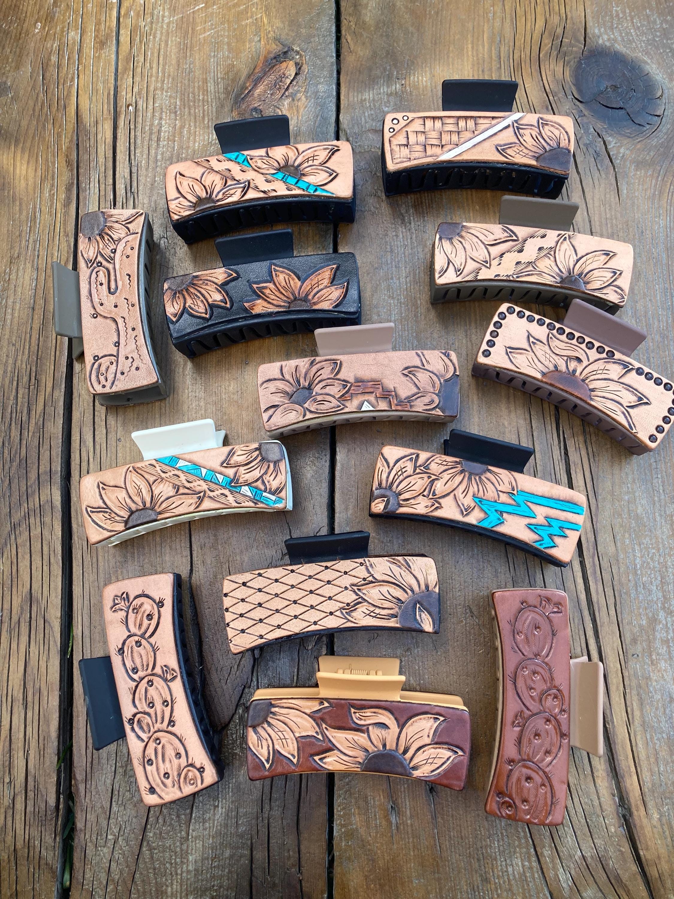 4” Claw style hair clip with hand tooled leather
